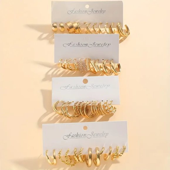 24Pairs Golden Hoop Earrings Set With Faux Pearl Decor Sexy Simple Style Jewelry - Picture 6 of 7